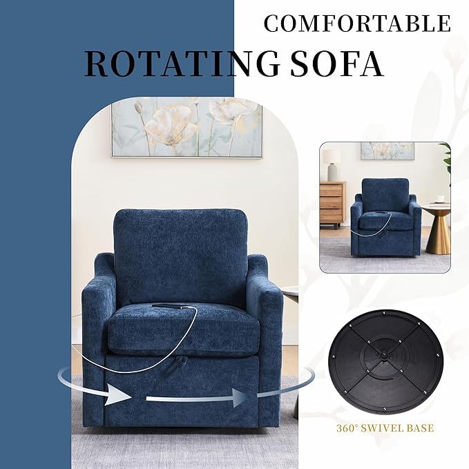 Swivel Accent Chair 360° Swivel Comfy Upholstered Seat for Living Room Bedroom Office with Hidden Storage &amp Dual USB-C Ports Chenille Fabric 300lbs Capacity Navy Blue