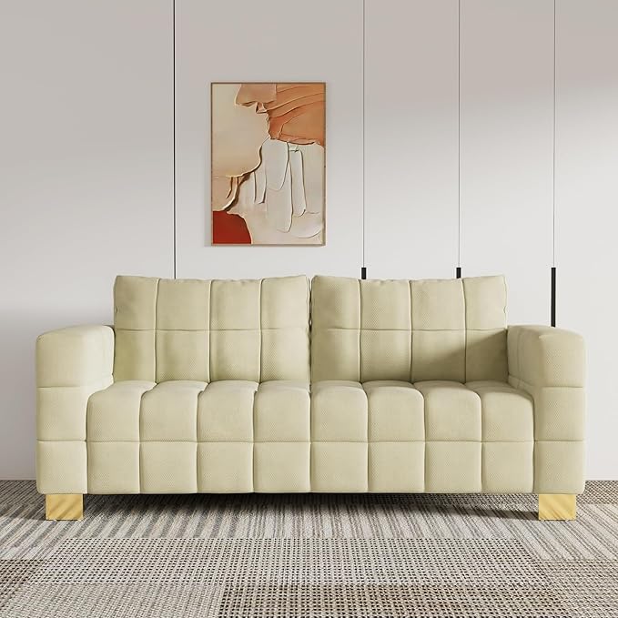 81.89 Sofa Comfy 3 Seat Sofa Tufted Chenille Upholstered Sofa Couch for Living Room with Gold Metal Legs and 2 Throw Pillows (BAIGE-N)