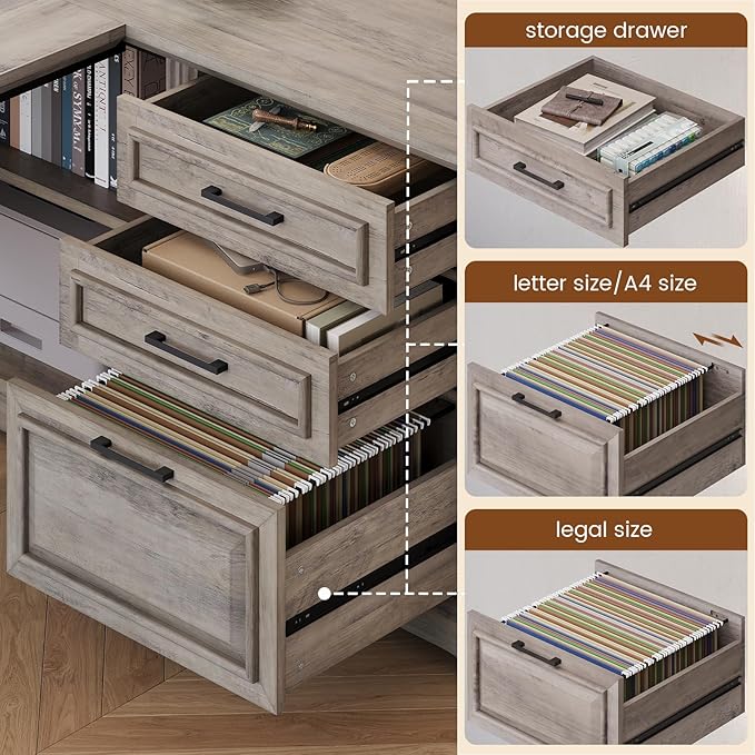 SEDETA Executive Desk 61 Farmhouse L Shaped Desk with File Drawers Office Desk with Drawers and Power Outlets Computer Desk with Storage Shelves for Home Office Grey