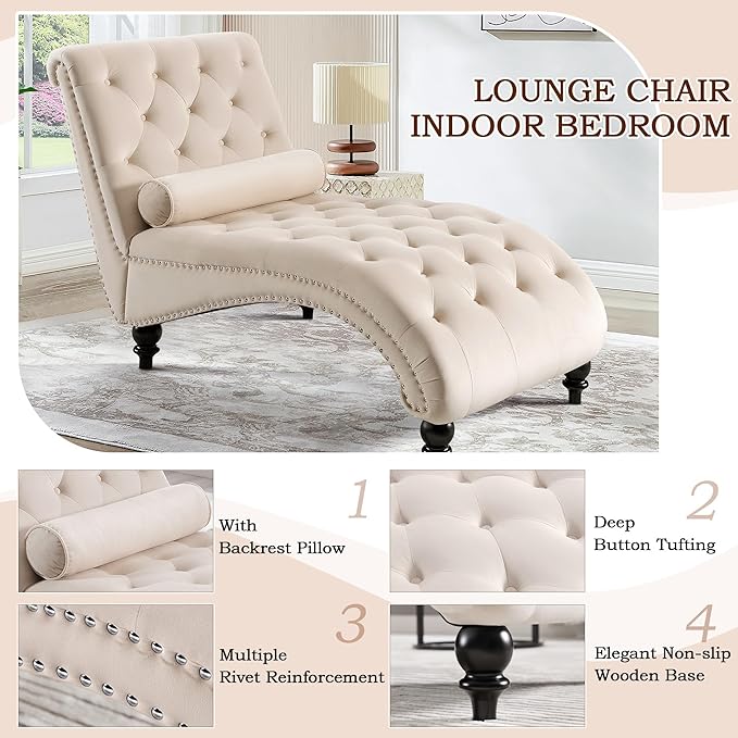 SLEERWAY Chaise Lounge Chair Indoor Modern Velvet Upholstered Sofa with Solid Wooden Leg and Lumbar Pillow Button Tufted Sleeper Chaise Lounge Chairs for Bedroom Living Room Office Beige