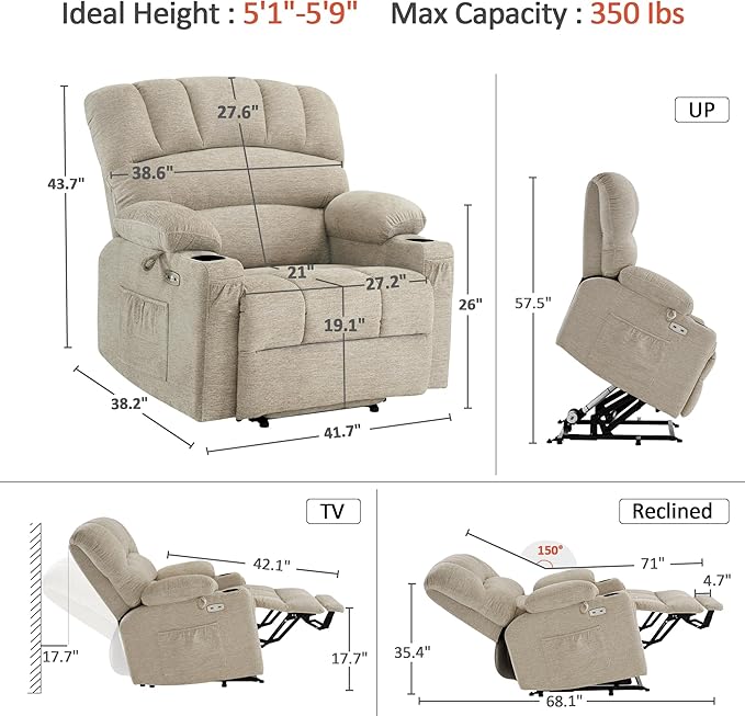 MCombo Power Lift Recliner Chair for Elderly Lift Chair with Heat and Massage Extra Wide Lift Recliner for Big People Fabric R7096 (Medium-Wide Beige)