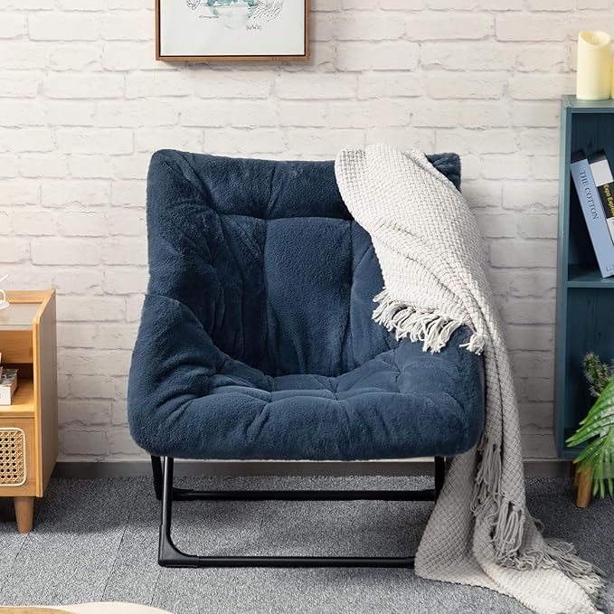 HollyHOME X-Large Saucer Chair Comfy Oversized Folding Chair Faux-Fur Reading Chair for Teens Adults Foldable Accent Lazy Chair Metal Frame Lounge Chair for Living Room Bedroom Dorm Navy Blue