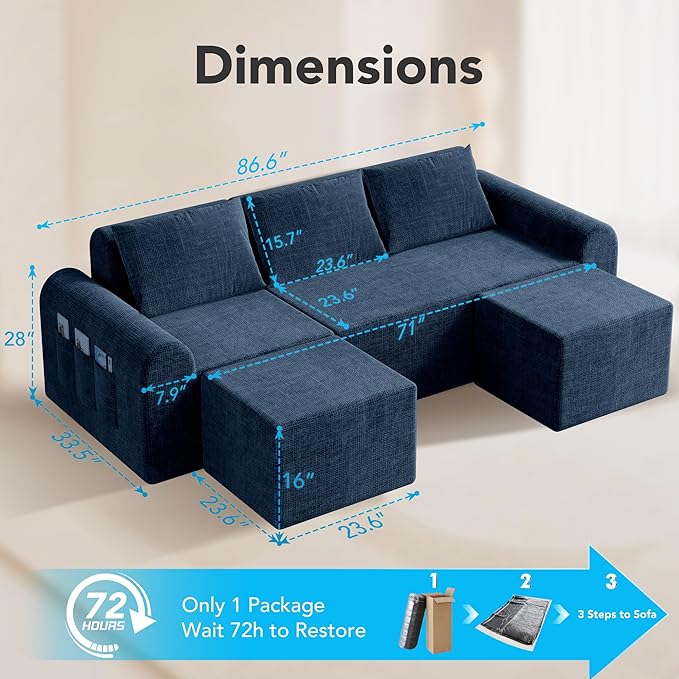 86.6 Modular Sofa Modern Boneless Sectional Sofa with Footstool No Assembly Required Extra-deep Chenille Fabric Seat L-Shaped Chaise Lounge Sofa Suitable for Living Room(Blue)