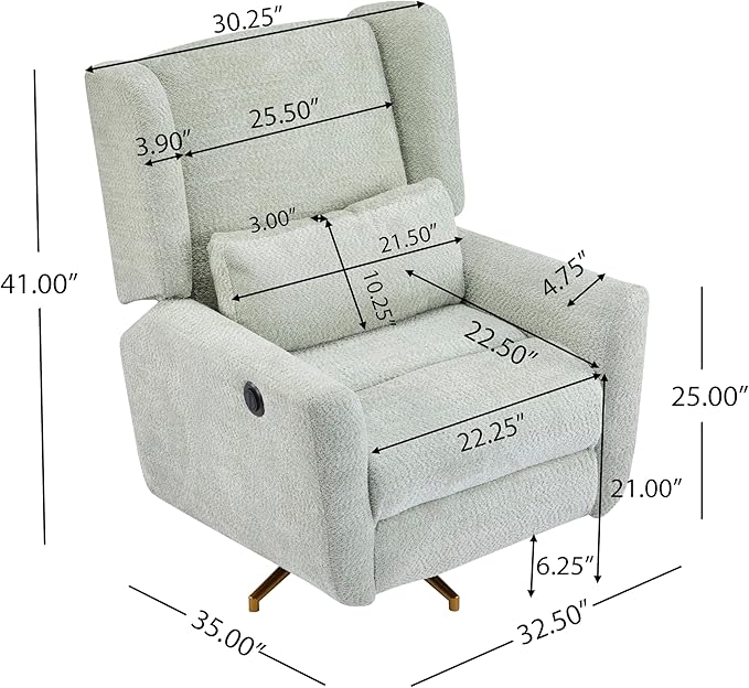 Christopher Knight Home Dolia Boucle Upholstered 360° Swivel Chair Push-Back Power Recliner Chair Iron Recliner Sofa with Rotation Living Room Lounge Sofa Adjustable Backrest Gold+Light Green