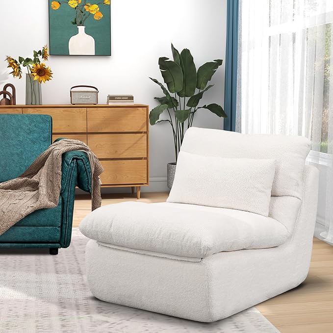 FHFO Sponge Single Sofa 32 Boneless Sofa for Small Spaces Comfy Sofas with Removable Cover Teddy Compression Sofa with Pillows for Living Room Bedroom Apartmen-Beige