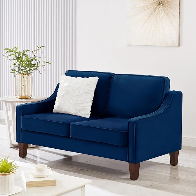 Velvet Upholstered Loveseat Sofa Modern Small 2-Seater Couch with Wooden Legs for Livingroom BedroomEasy to InstallNavy