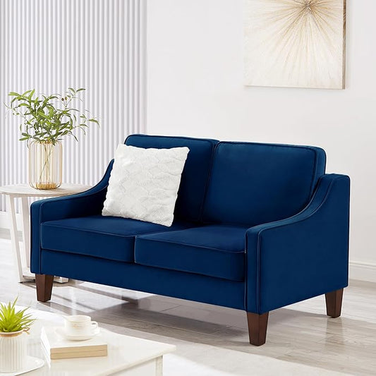 Velvet Upholstered Loveseat Sofa Modern Small 2-Seater Couch with Wooden Legs for Livingroom Bedroom Navy