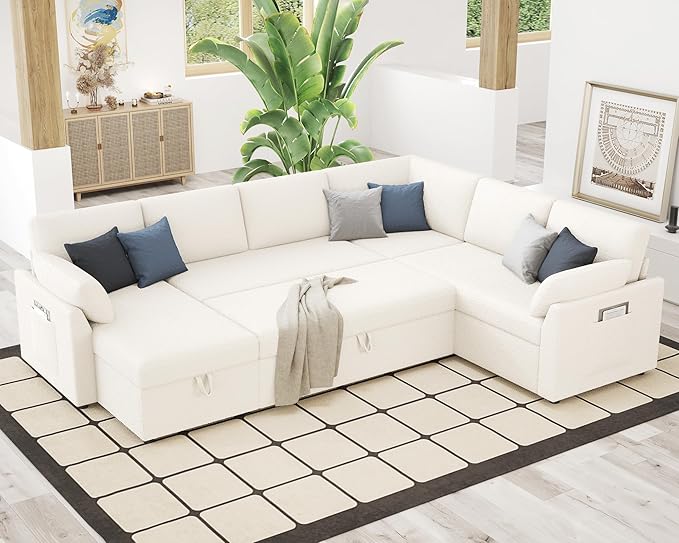 VanAcc Pull Out Sofa 112 Inch Oversized U Shape Sleeper Sofa Couch with Storage Chaise &amp 3 Seater Comfy Couch with Pull Out Bed for Living Room White Boucle