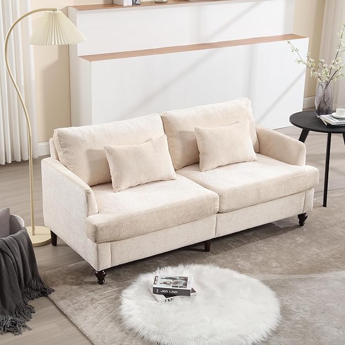 69” Modern Chenille Loveseat Sofa Couch Upholstered 2 Seat Love Seat Deep Seat Small Couch with 2 Pillows and Sturdy Wood Legs for Living Room Bedroom Apartment (Beige)