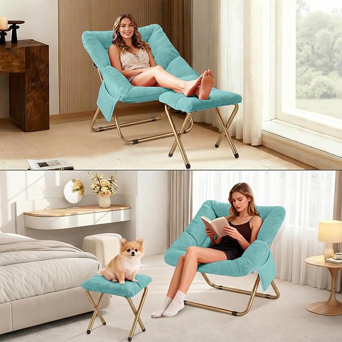 Comfy Saucer Chair for Adults Foldable Living Room Chairs Soft Faux Fur Lounge Chair for Bedroom Reading Chairs X-Large (Ottoman-Mint)
