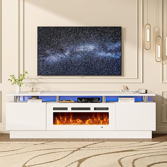 MXV 80 Fireplace TV Stand Modern Entertainment Center &amp 36 Inch Electric Fireplace with Remote Control LED Light Fire Place Tv Stand for Living Room for TVs up to 90 White + White