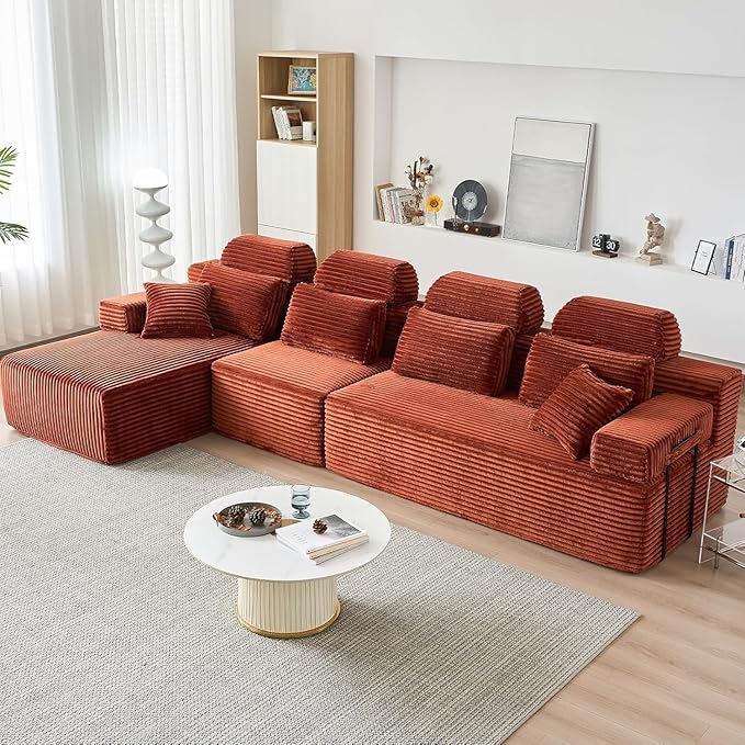 136″ Cloud Modular Sectional Sofa Modern L-Shaped Sectional Couches for Living Room Oversized 3-Seater Couch Corduroy Boneless Couch in a Box No Assembly Required Orange