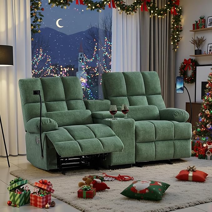 Reclining Loveseat with Rocker FunctionCat-Proof Loveseat Recliner Sofa with Phone Holder/USB/Type C RV Double Rocker Reclining Couch for Home TheaterLiving Room (Green) | Rocker Function Cat-Proo