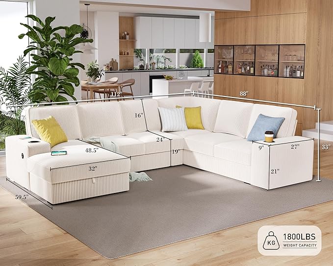 PaPaJet U Shaped Couch 112 Inch Oversized Couch with Storage Chaise Sectional Sofa with Cup Holders &amp 2 USB Ports Corduroy Beige Sofa