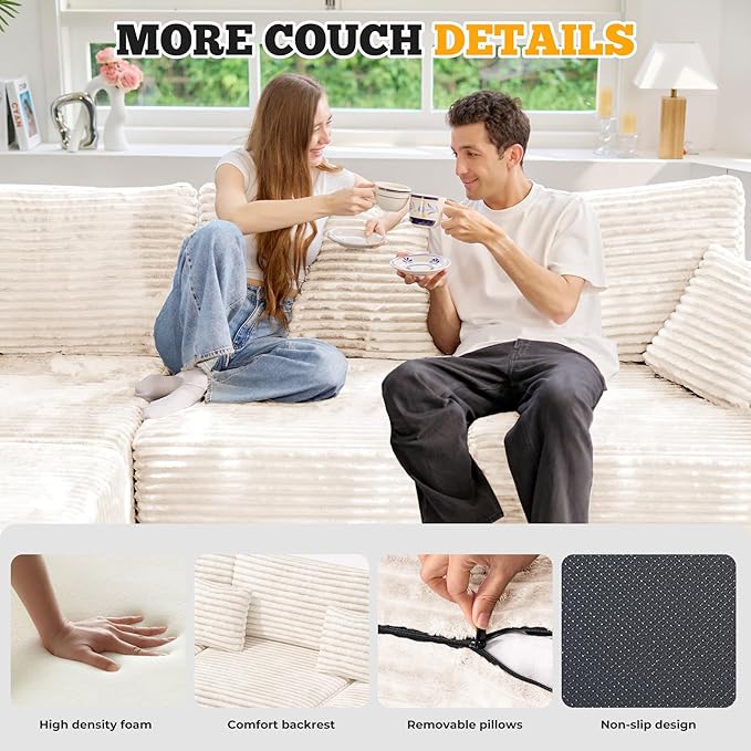 113 Modular Sectional Sofa Bed Convertible Cloud Couches for Living Room with Ottoman 6 Seater Corduroy Boneless Couch Sleeper Sofa Set No Assembly Required Beige 1 PCS