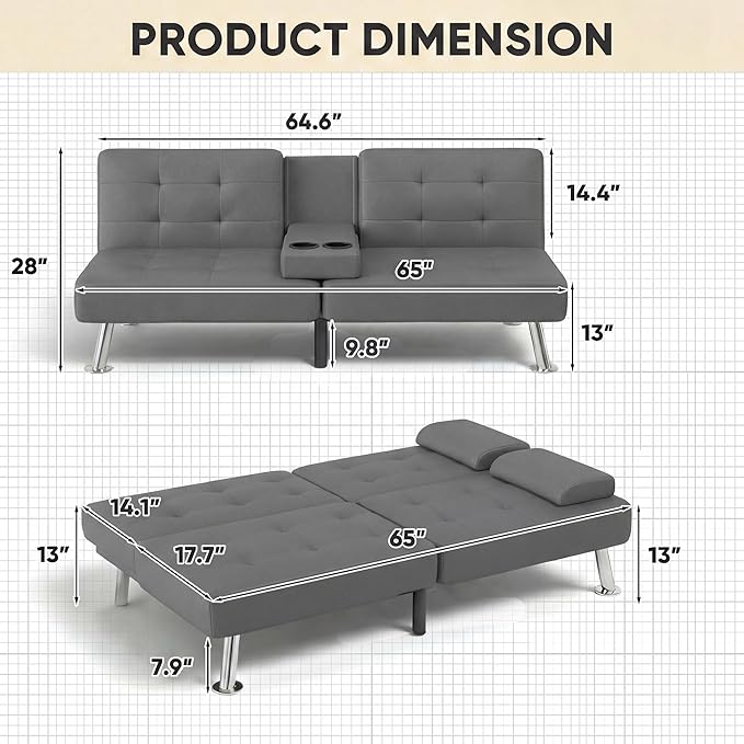YESHOMY Modern Futon Sofa Bed Convertible Futon Couch with Adjustable Backrest Futon Loveseat Sleeper Sofa Bed with Armrest for Living Room Small SpacesPU Leather Gray