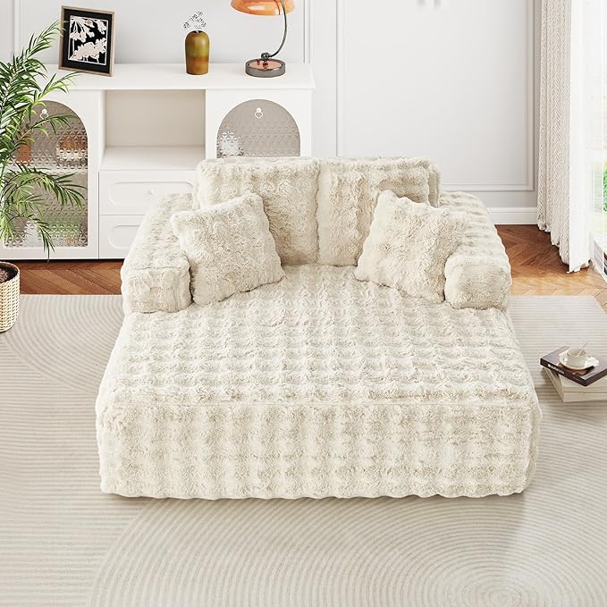 56 W Oversized Chaise Lounge Chair IndoorPlush Faux Fur Sleeper Couch Sofa Bed with PillowsFluffy Comfy Cloud SofaCompression Foam Boneless Couch for Living RoomBedroom(Bubble Beige)