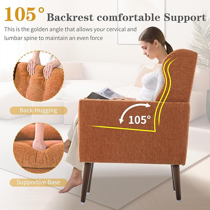 Accent Chair Set of 2 Upholstered Armchair with Pillow Fabric Single Sofa Chair with Lounge Seat and Wood Legs Accent Chair for Living Room Small Spaces (Orange Set of 2)