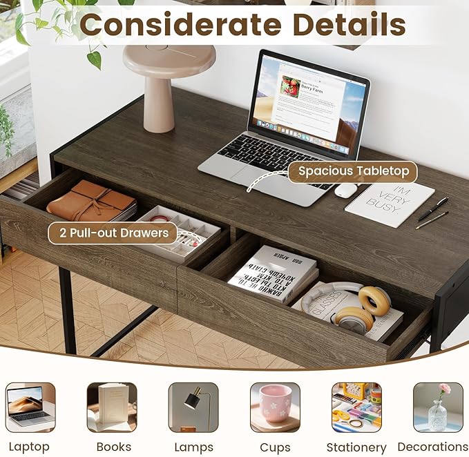 Tangkula Computer Desk with 2 Drawers 44 Inch Home Office Desk with Metal Frame &amp Anti-Toppling Device Modern Writing Desk Study Desk Compact Laptop PC Desk for Small Space (Grey)