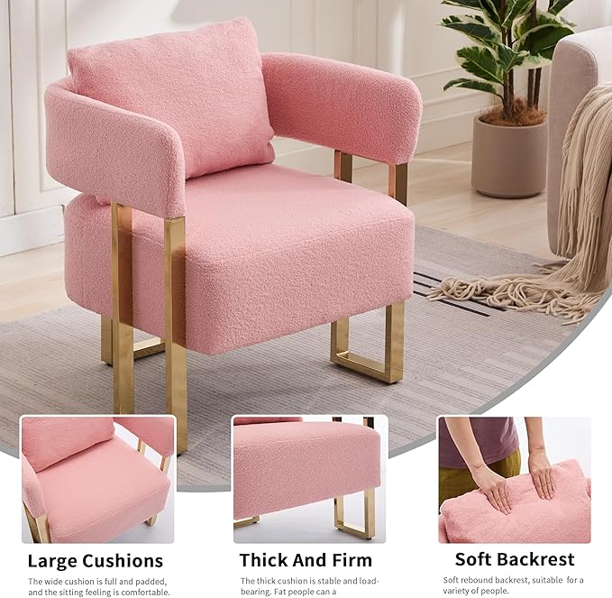 YITAI Modern Accent Chairs no Wheels Living Room Side Chairs Set of 2 with Golden Metal Legs Barrel Soft Teddyt Upholstered Reading Armchairs for OfficeStudyReception RoomBedroomLoungePink