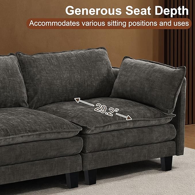 111” Modular Sectional Sofa L Shaped Cloud Couch with Ottoman Chenille Deep Seat Sofa with Pillow for Living Room Bedroom and Apartment4 Seats Grey