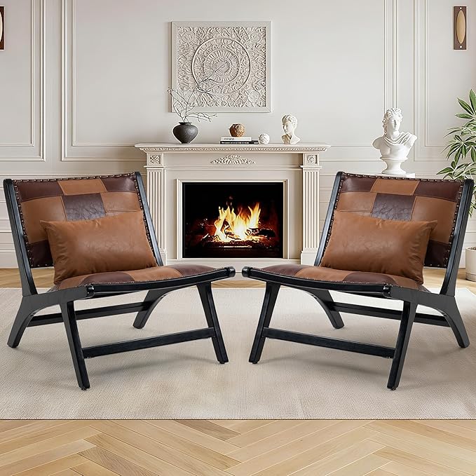 Accent Chair Modern Comfy Genuine Leather Armless Mid-Century Anthropologie Accent Chairs Lounge Arm Chair with Solid Wood Floral Pattern Sofa Chair for Living Room/Office/Balcony/Bedroom