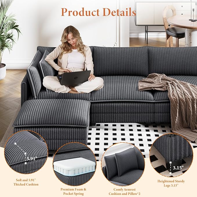 Vesgantti 109 U Shaped Cloud Sectional Sofa Comfy Corduroy Upholstered Sectional Modular Sofas for Living Room Modern Modular Couch with 2 Ottoman Deep Seat Charcoal Grey