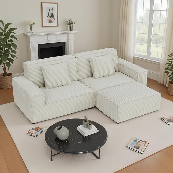 106 Cloud Sectional Couch with Deep Seat No Assembly Required Modern Upholstered Boneless Couches with 2 Pillows Full Sponge Compressed Sofa for Living Room/Apartment (Beige + Ottoman)