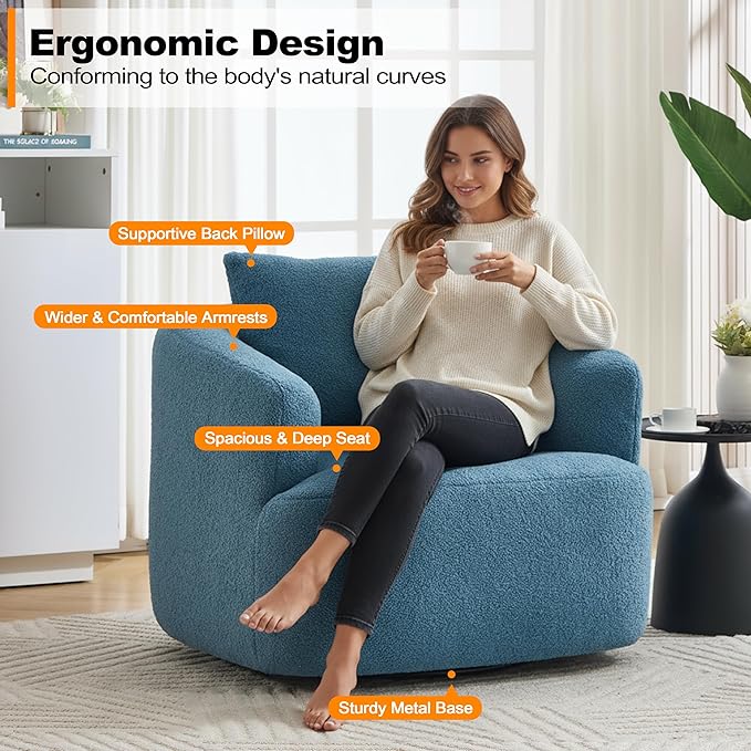 Luxlen Swivel Accent Chair with Pillow for Living Room Teddy Fleece Upholstered Single Sofa 360° Rotating Barrel Chair with Metal Base for Bedroom Office Apartment - Blue