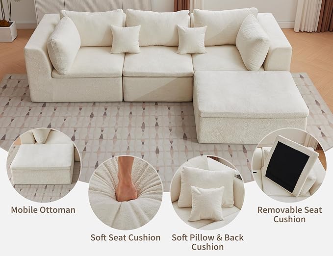 110 Cloud Sectional Couches for Living Room Convertible L-Shape Boneless Couch with Ottoman 3 Seater Modular Sectional Sofa Cream