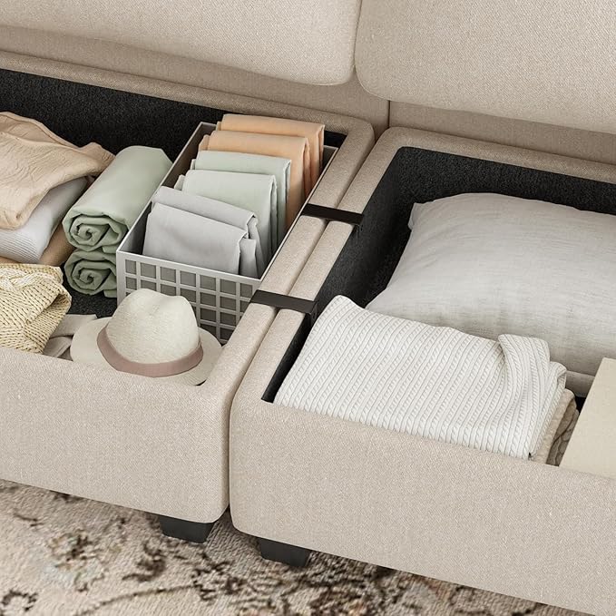 L Shaped Couch Convertible Sofa for Living Room Large Deep Seat Couches Oversized Modular Sectional 4 Seat Sofa with Storage Ottoman Cream