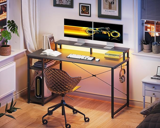 MOTPK 48 Inch Gaming Desk with Storage &amp Led Lights Computer Desk with Shelf Reversible Gamer Desk with Monitor Stand Carbon Fiber Texture Black
