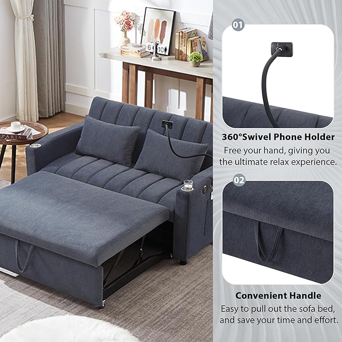 Pull Out Sofa Bed 55.9 Convertible Sofa Bed with 360°Swivel Phone Holderm Two Side Pockets Two Cup Holders 3 Level Adjustable Backrest Bella Fabric Loveseat Sofa (Blue Grey * Loveseat90)