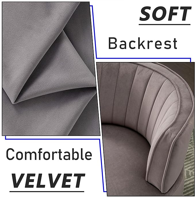 Small Barrel Chair Swivel Barrel Chair with Thicken Backrest Round Accent Chair for Living Room Bedroom Office Comfortable Velvet Fabric Soft High-Density Foam Padding (Gray)