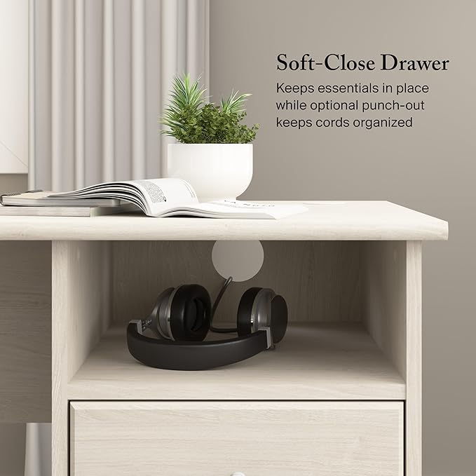 Bush Home Cabot 60W L Shaped Computer Desk with Storage in Linen White Oak 60-inch Corner Table with Drawers for Home Office Workspace