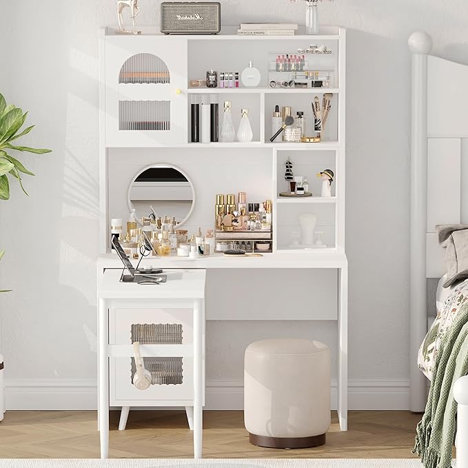 Merax Computer Desk with 90 Degree Rotating Desktop L Shaped Office Desk with Storage Drawer and Cabinets Writing Desk with Shelves for Study Work Desk for Office Bedroom Living Room White