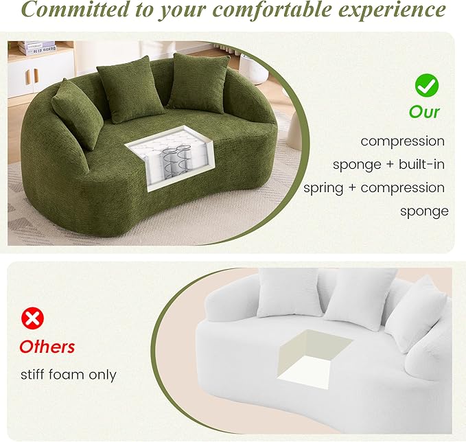 65.75 Curved Loveseat SofaBoneless Loveseat Couch11.02 Raised BackrestDeep SeatWood Grain Chenille Fabric Curved Sofa Couch for Small Spaces (Green65.75)