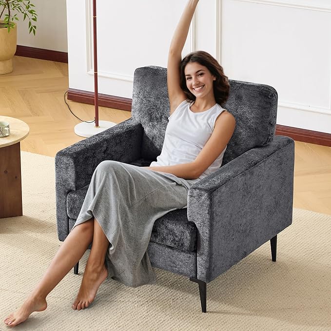 MELLCOM Oversized Chenille Accent Chair Set of 2 Comfy Armchair for Living Room Mid-Century Upholstered Reading Single Sofa Chair for Bedroom Grey