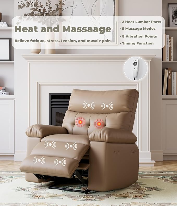 GarveeHome Oversized Wide Recliner Chair - Heat and Massage PU Leather Extra Wide Manual Recliner for Adults Large Lazy Chair with 1.5X Sponge Comfort Arm and Back for Living Room Bedroom