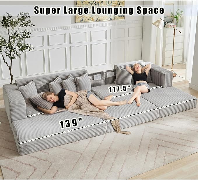 110 L-Shaped Modular Sectional Sofa with Chaise Lounge Corduroy Oversized Convertible Floor Sleeper Sofa Bed with 8 Pillows Modern Deep Seat Boneless Couches (Light Gray 110 + Right Chaise)