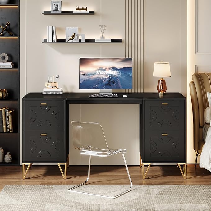 Tribesigns 59-Inch Black Executive Computer Desk with 4 File Drawers Storage Modern Writing Table Luxury Desk with Gold Legs for Home Office
