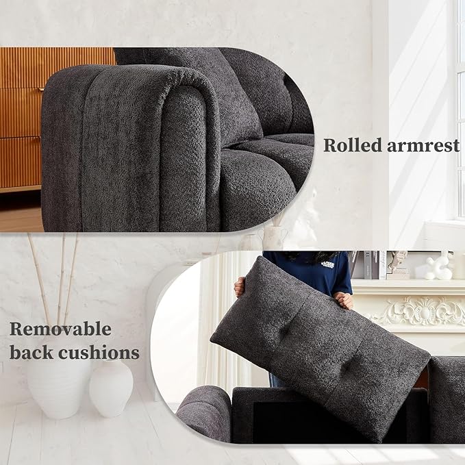 91.5 W Cloud Boucle Sofa for Living Room Modern Comfy Boucle Couch with Rolled Arms and Soft Pillows Teddy Oversized Loveseat for Apartment Studio Bedroom Dark Grey