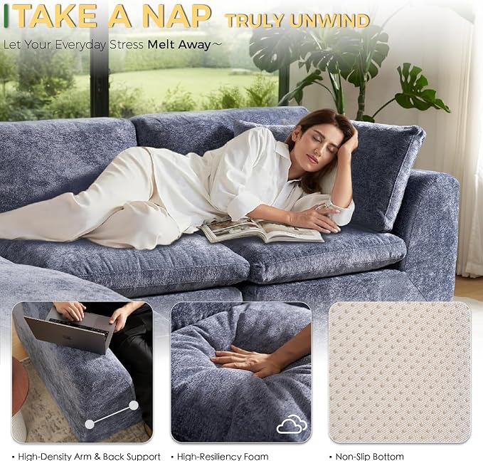 SITJOY 110 Boneless Sectional Couch Modular Cloud Couch with Washable Covers Soft Deep Seat Comfy Sofa with Chaise 3 Seater L Shaped Sofa with Ottoman‌ Chenille in Navy Blue