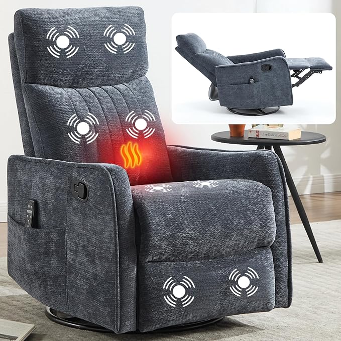 Massage Recliner Chair with Heat Slim Recliners for for Adults Swivel Rocking Chair Recliner with High Back Small Recliner Chair for Small Spaces Living Room Adjustable Footrest (Blue 2)