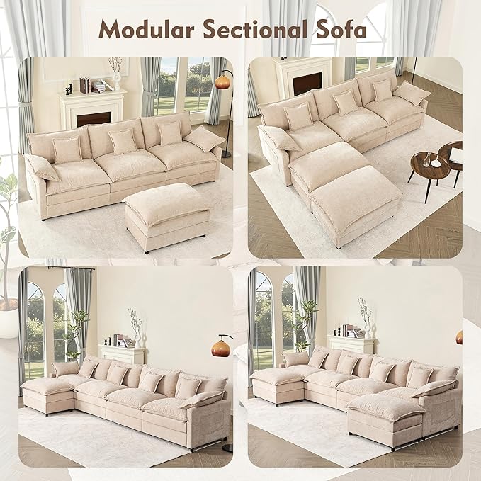 108 U Shaped Couch Modular Sectional Sofa 3-Seater Comfy Cloud Couch Set of Modular Pieces with Movable Ottoman Deep Seat Couches for Living Room Chenille Flat White