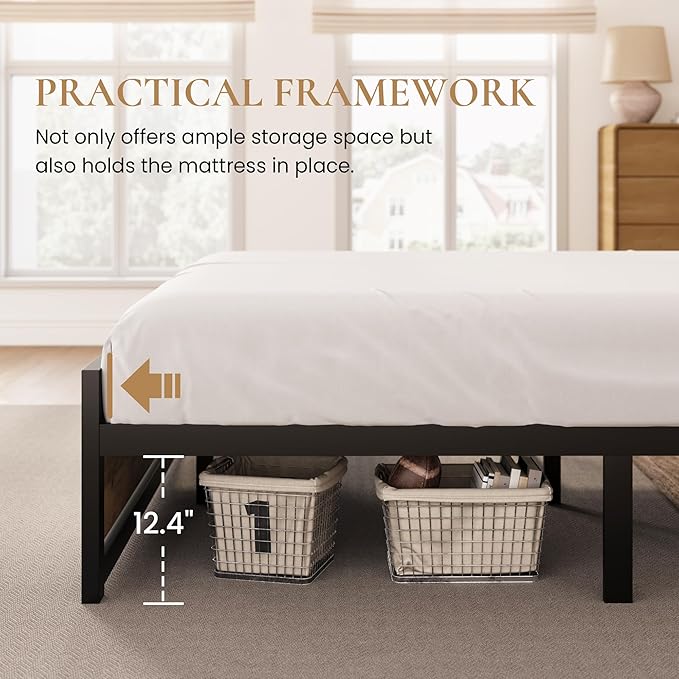SHA CERLIN Queen Size Bed Frame with Modern Headboard Heavy Duty Platform Metal Base with Square Footboard and 13 Strong Slats Support No Box Spring Needed Brown