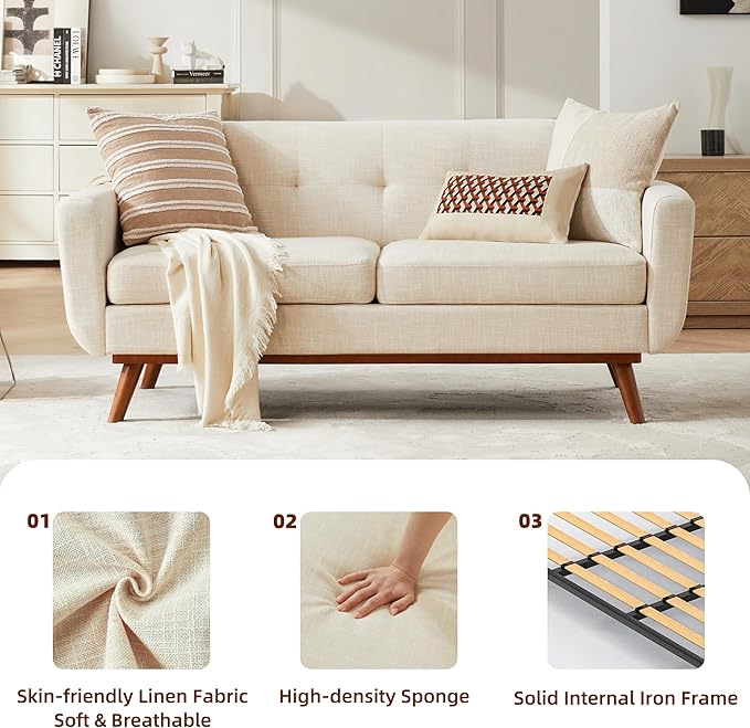 Kingfun Loveseat and Sofa Sets Mid Century Modern Linen Love Seat Couches for Living Room Button Tufted Upholstered Furniture Easy to Install Small Couch for Bedroom Office Apartment Beige