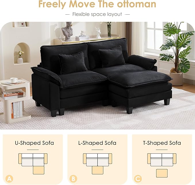 URRED Modular Cloud Couch Sectional Sofa 87 L Shaped Deep Seat Sofa with Ottoman &amp Pillows Ultra Comfy Corduroy Loveseat Sofa for Living Room Apartment or Bedroom Black | Corduroy Fabric