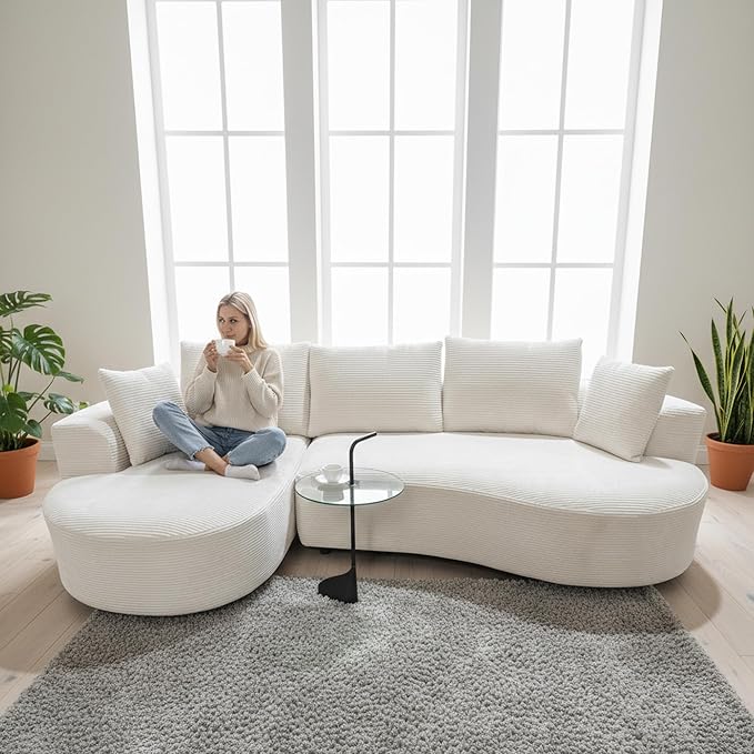 ERYE Oversized Curved Tight Backrest Sofa Floor Boneless Modular Foam Sofa Couch with Left Facing Chaise Lounge and 5 Pillows Corduroy Upholstered No Assembly Required