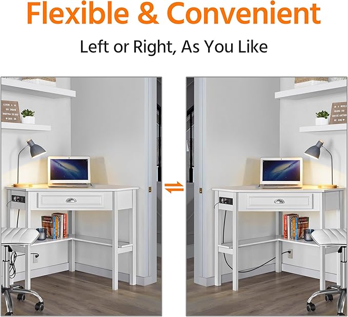 Yaheetech L Shaped Corner Computer Desk with Power Outlets Reversible Triangle Workstation with USB Ports and Hook for Small Space Modern Home Office Desk Gaming Table with Drawer &amp Shelf White